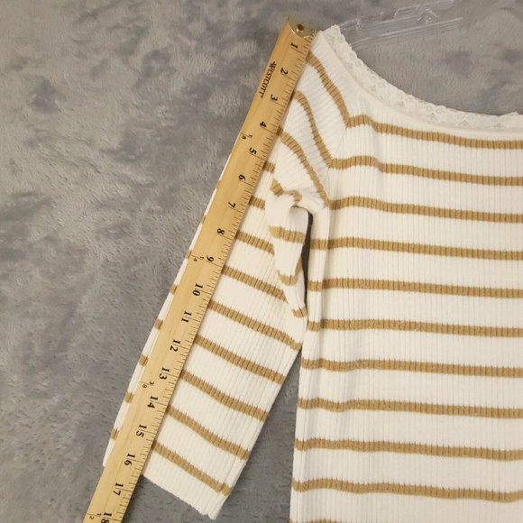 Vanity Womens Sweater Knit Pullover Striped 3/4 Sleeve Lace Collar Beige Brown M - Picture 5 of 9